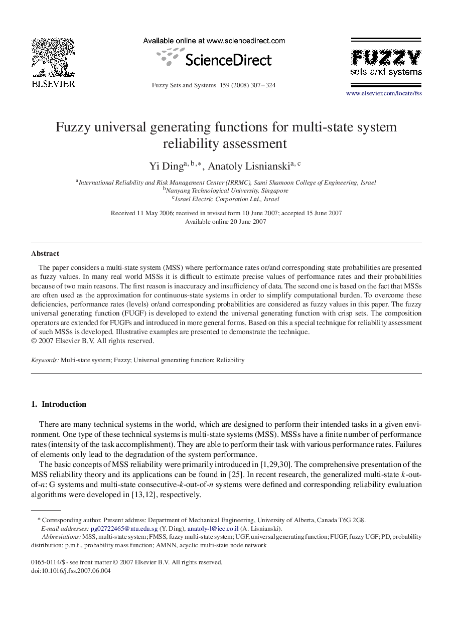 Fuzzy universal generating functions for multi-state system reliability assessment