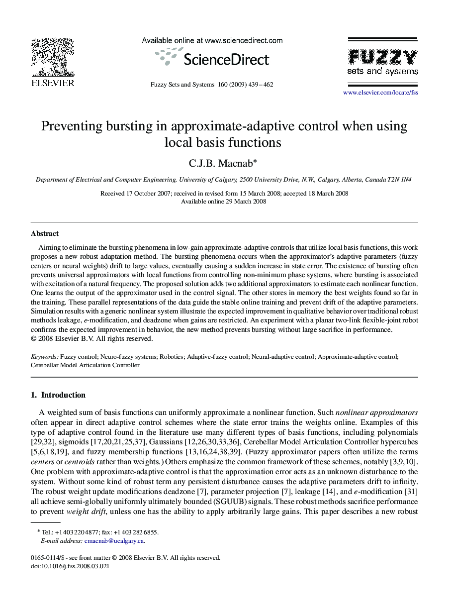 Preventing bursting in approximate-adaptive control when using local basis functions