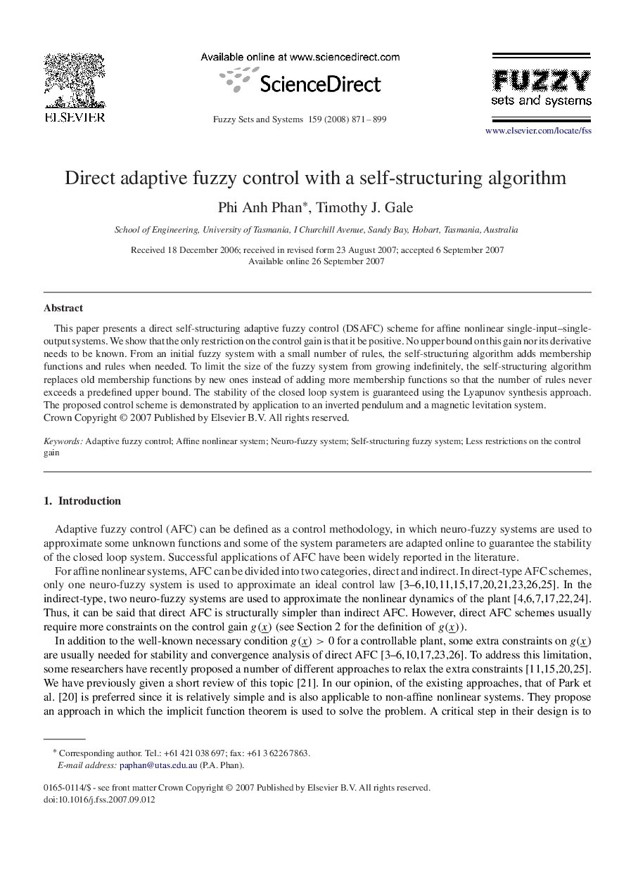 Direct adaptive fuzzy control with a self-structuring algorithm