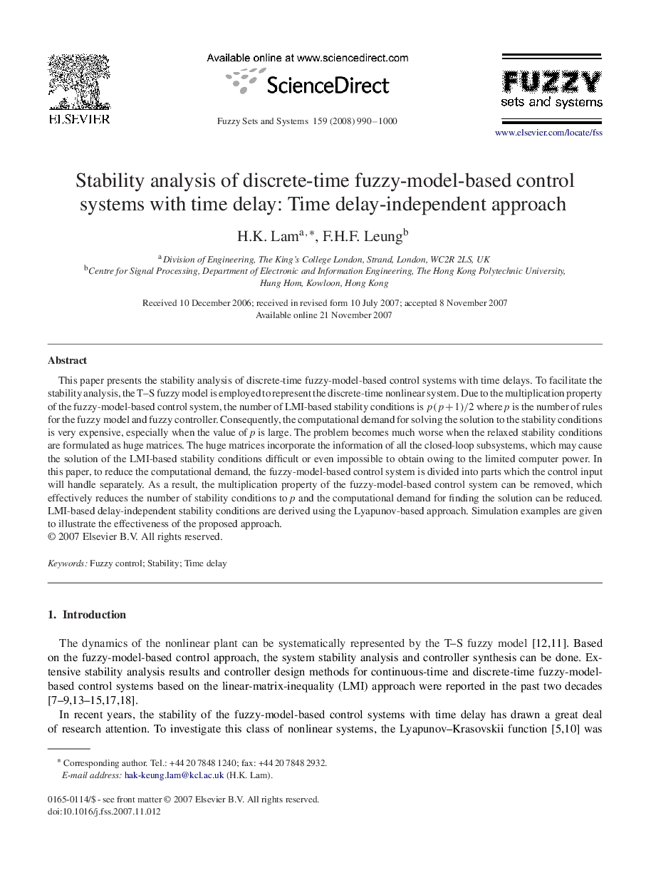 Stability analysis of discrete-time fuzzy-model-based control systems with time delay: Time delay-independent approach