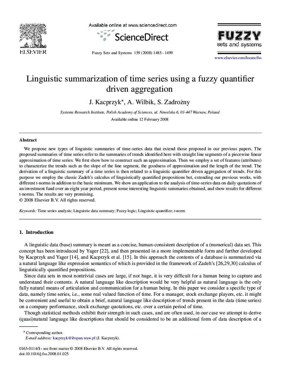 Linguistic summarization of time series using a fuzzy quantifier driven aggregation