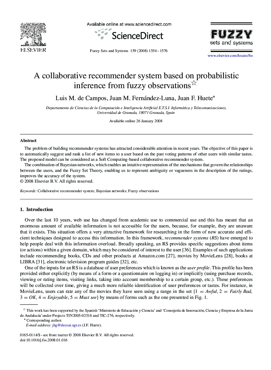 A collaborative recommender system based on probabilistic inference from fuzzy observations 