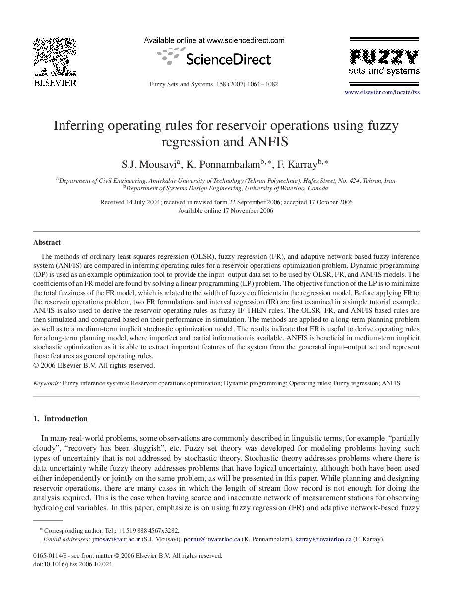 Inferring operating rules for reservoir operations using fuzzy regression and ANFIS