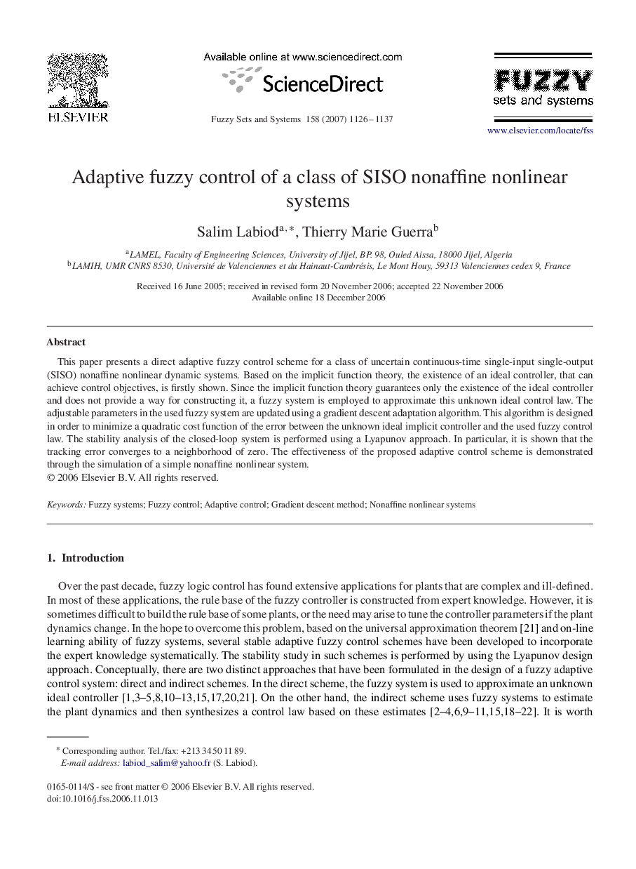 Adaptive fuzzy control of a class of SISO nonaffine nonlinear systems