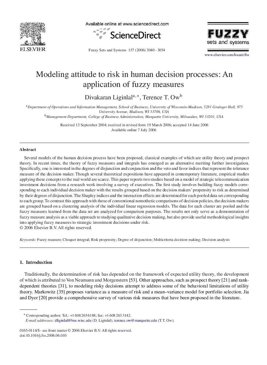 Modeling attitude to risk in human decision processes: An application of fuzzy measures