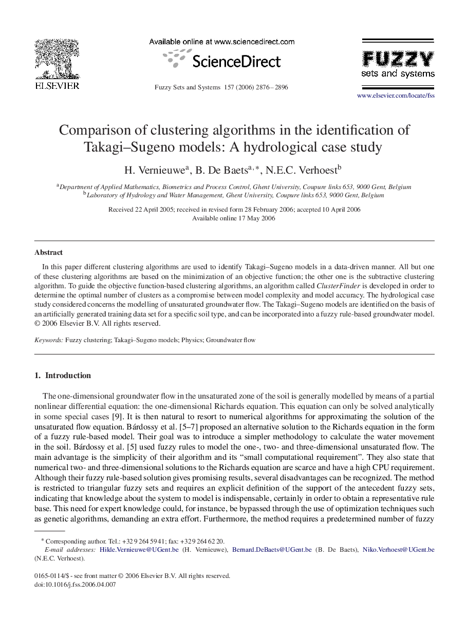 Comparison of clustering algorithms in the identification of Takagi–Sugeno models: A hydrological case study