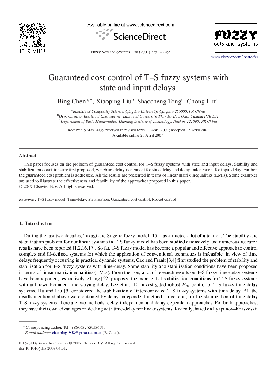 Guaranteed cost control of T–S fuzzy systems with state and input delays