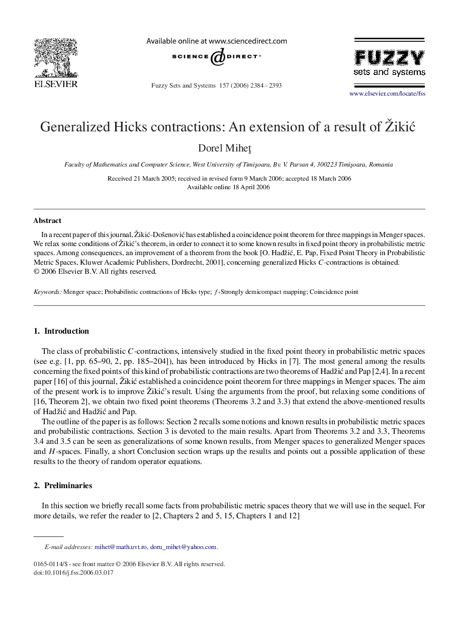 Generalized Hicks contractions: An extension of a result of Žikić