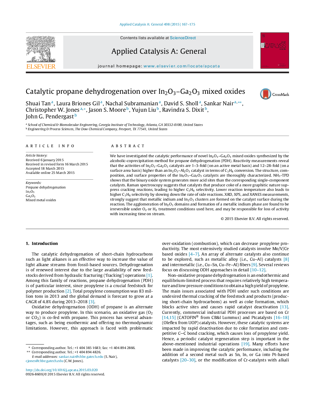 Catalytic propane dehydrogenation over In2O3–Ga2O3 mixed oxides