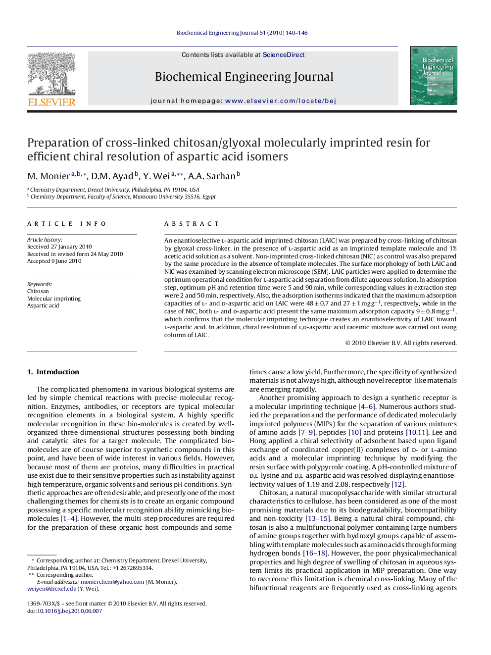 Preparation of cross-linked chitosan/glyoxal molecularly imprinted resin for efficient chiral resolution of aspartic acid isomers