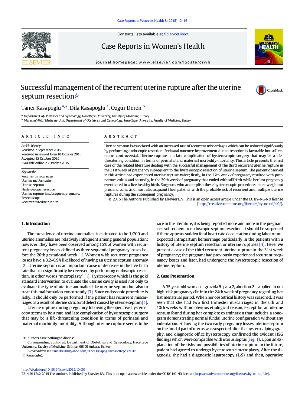 Successful management of the recurrent uterine rupture after the uterine septum resection 