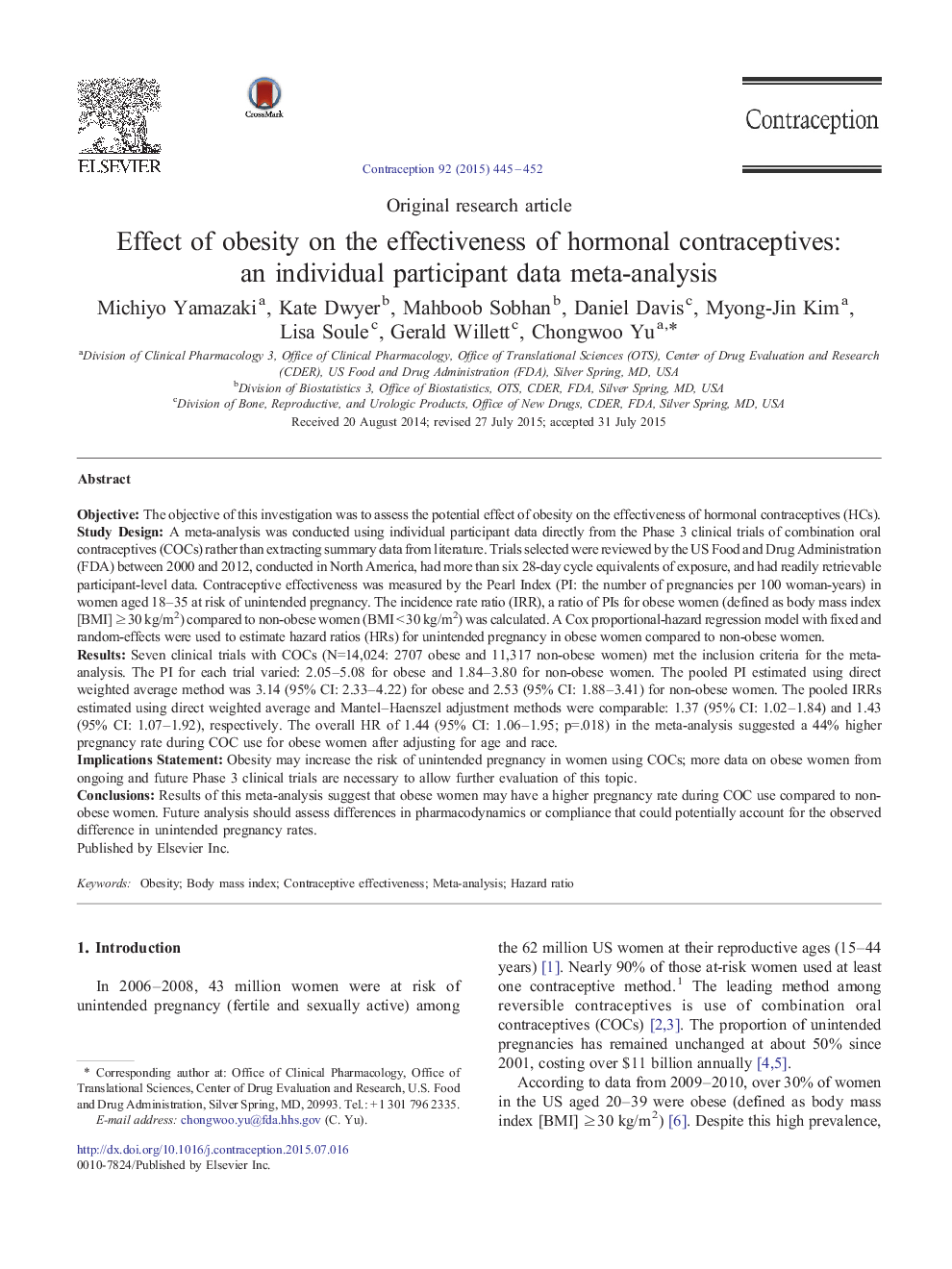 Effect of obesity on the effectiveness of hormonal contraceptives: an individual participant data meta-analysis