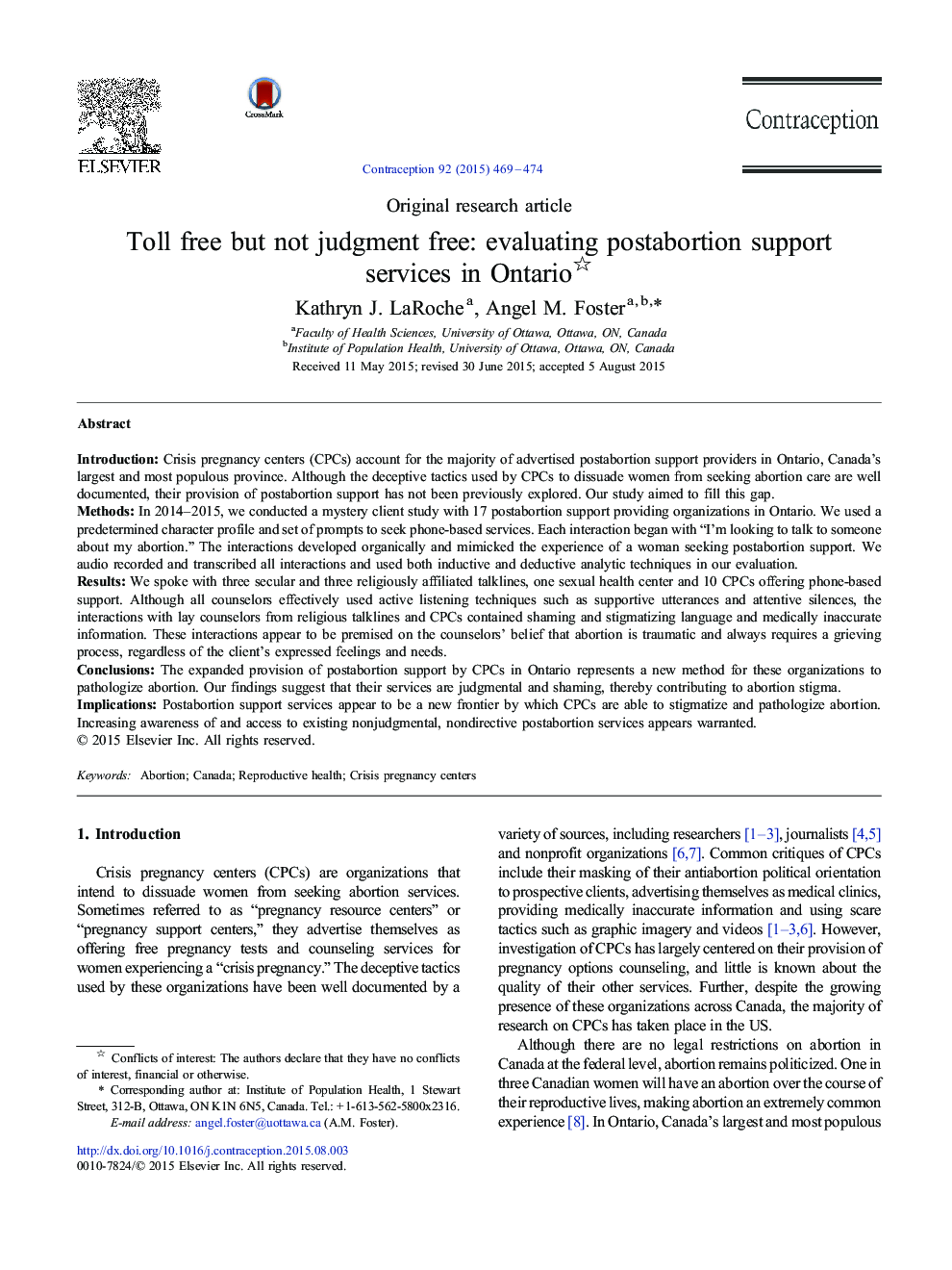 Toll free but not judgment free: evaluating postabortion support services in Ontario 