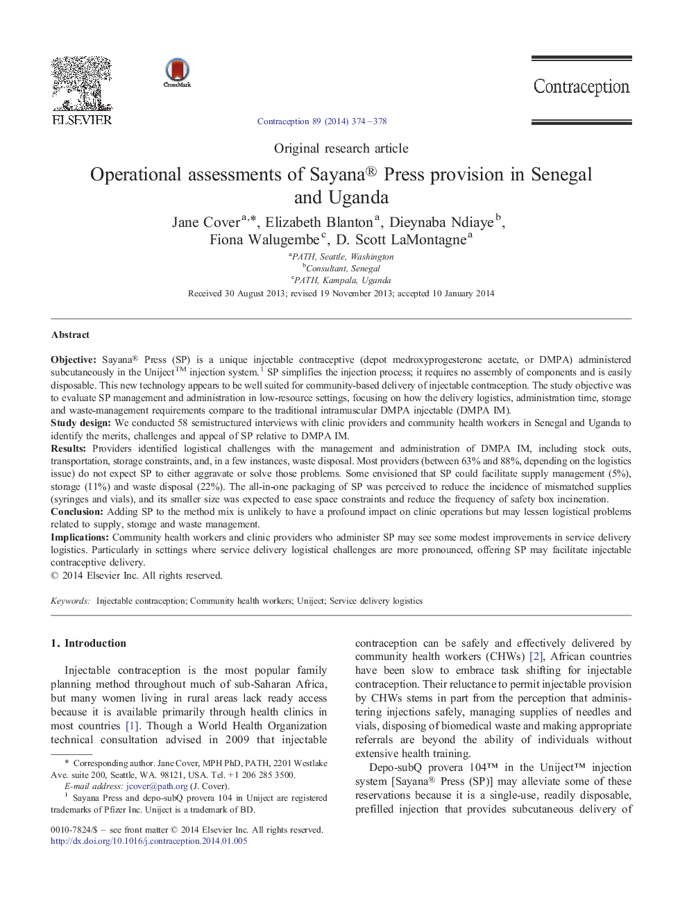 Operational assessments of Sayana® Press provision in Senegal and Uganda