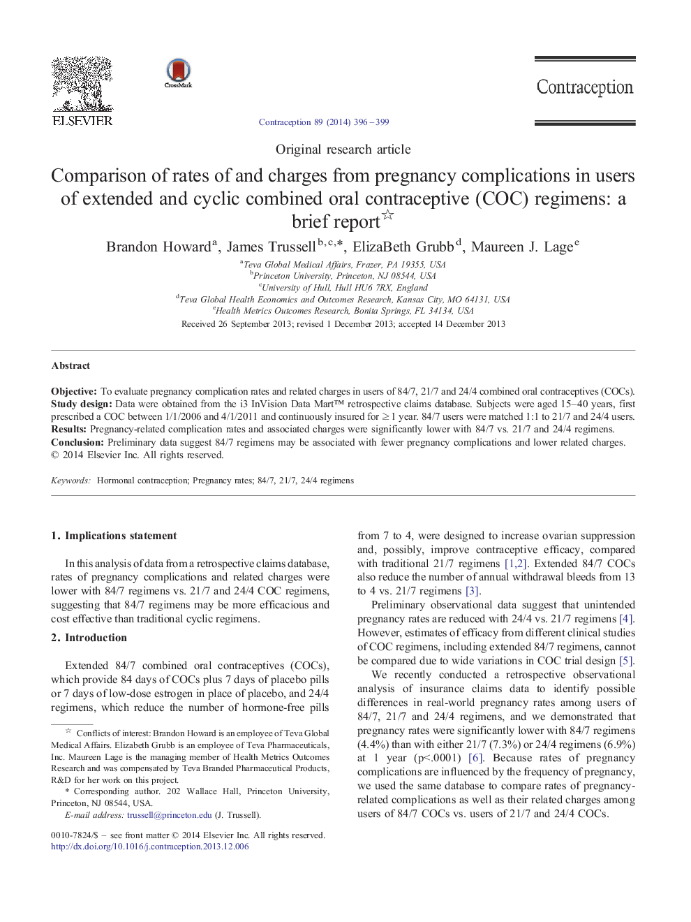 Comparison of rates of and charges from pregnancy complications in users of extended and cyclic combined oral contraceptive (COC) regimens: a brief report 