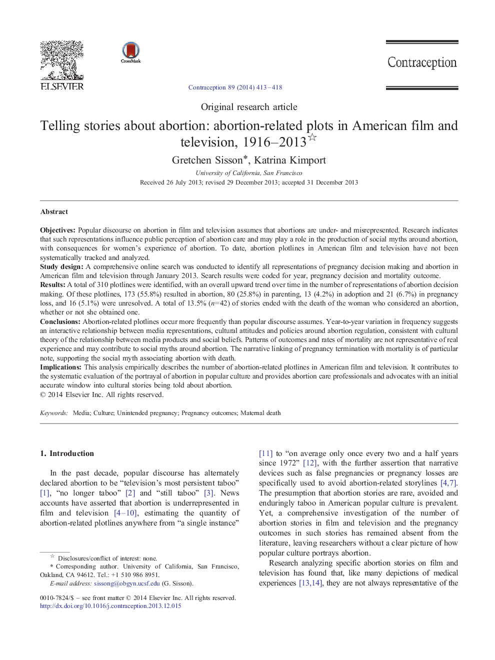 Telling stories about abortion: abortion-related plots in American film and television, 1916–2013 