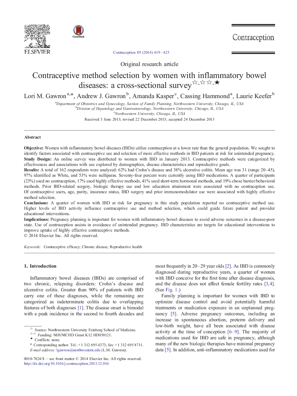 Contraceptive method selection by women with inflammatory bowel diseases: a cross-sectional survey ★