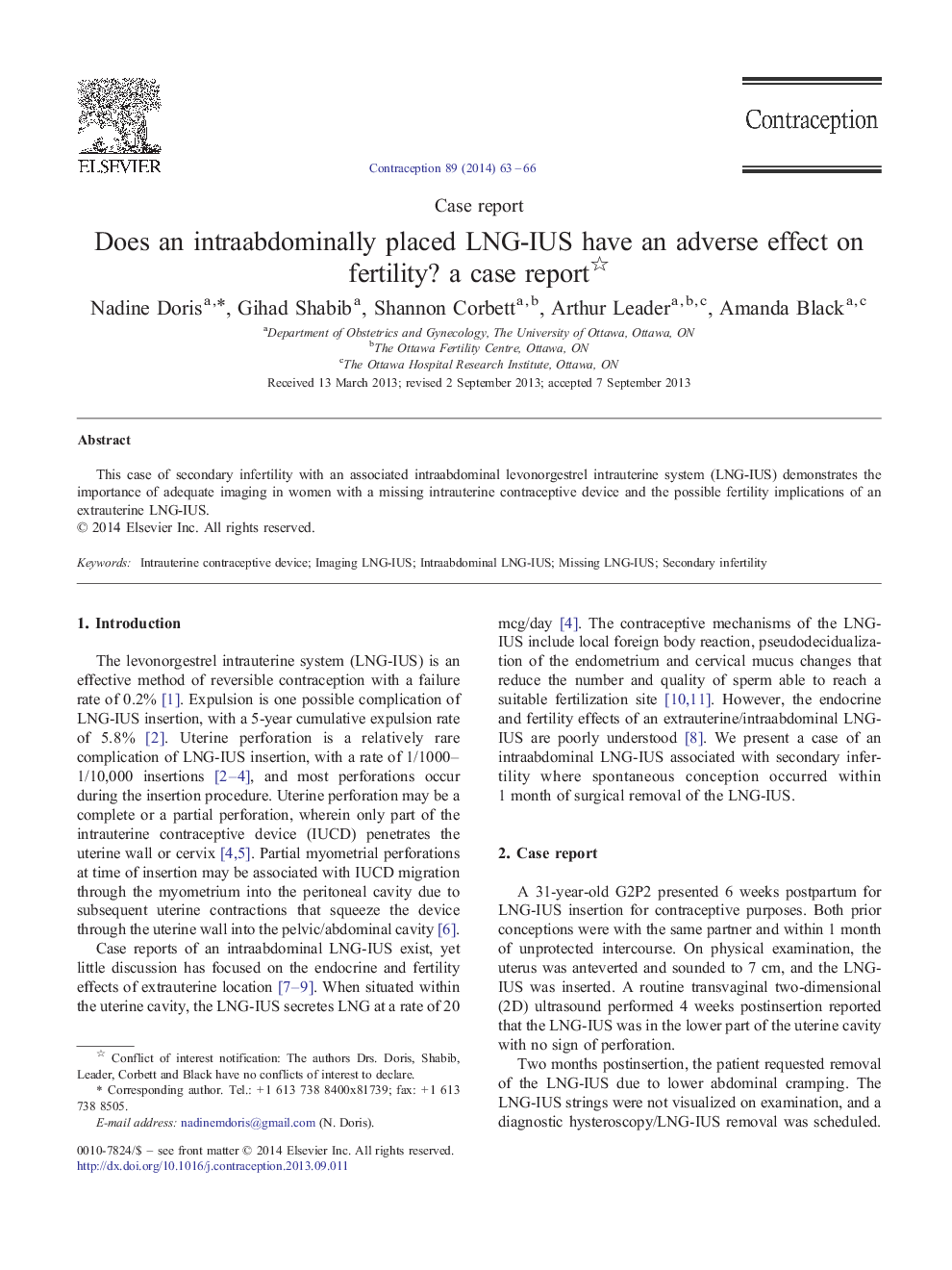 Does an intraabdominally placed LNG-IUS have an adverse effect on fertility? a case report 