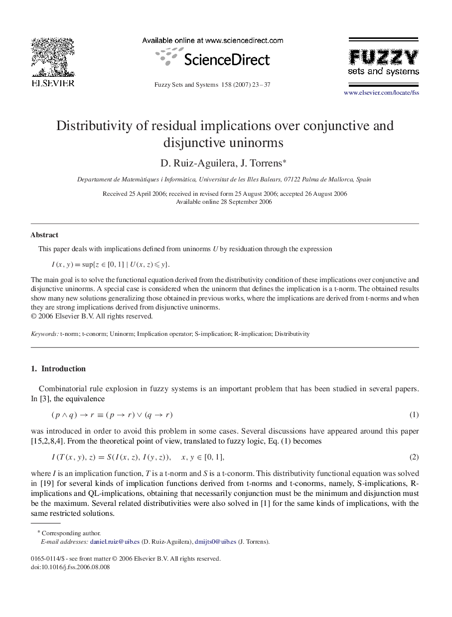 Distributivity of residual implications over conjunctive and disjunctive uninorms