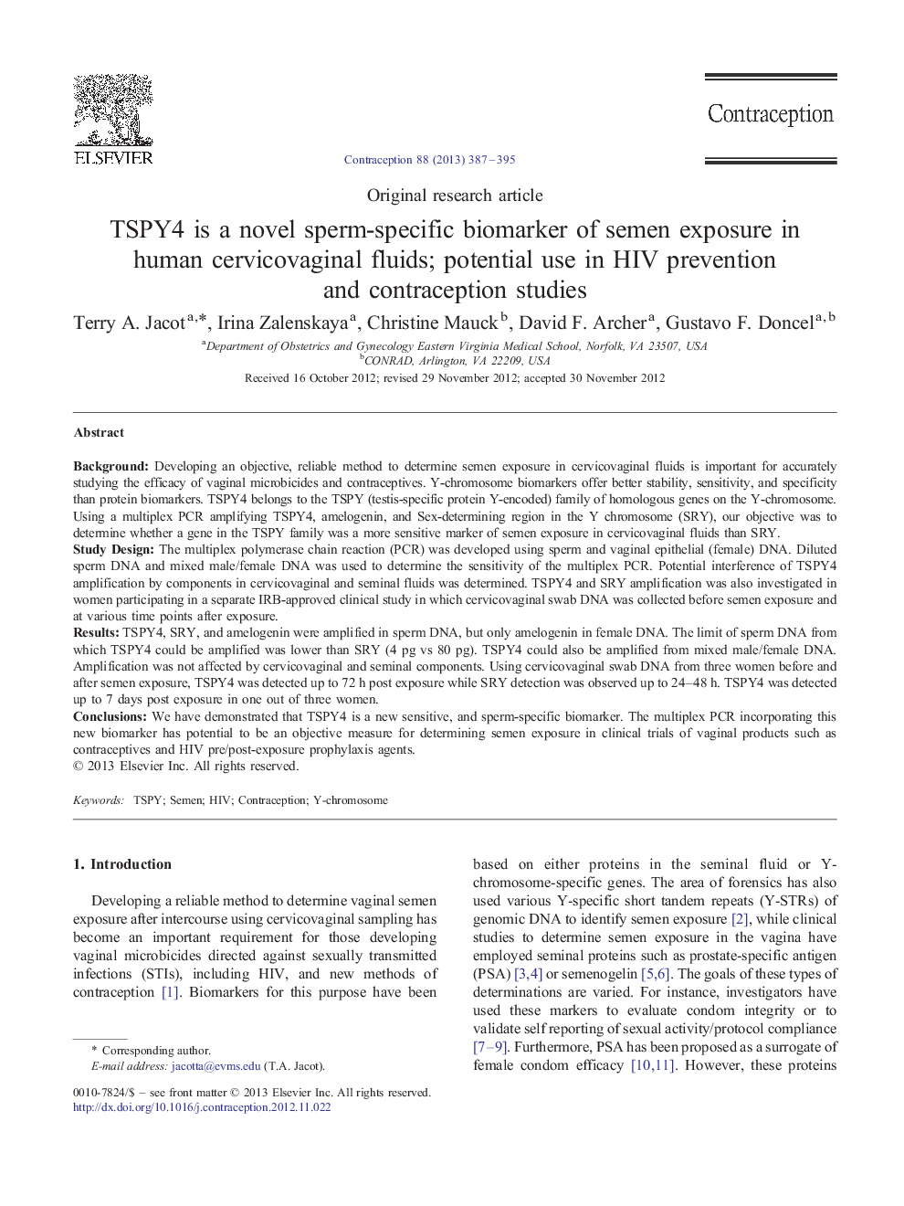 TSPY4 is a novel sperm-specific biomarker of semen exposure in human cervicovaginal fluids; potential use in HIV prevention and contraception studies