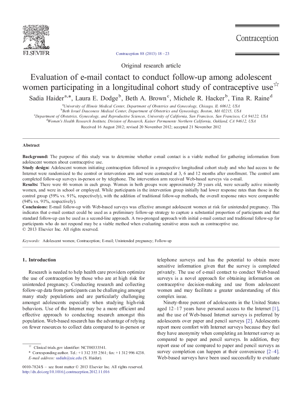 Evaluation of e-mail contact to conduct follow-up among adolescent women participating in a longitudinal cohort study of contraceptive use 