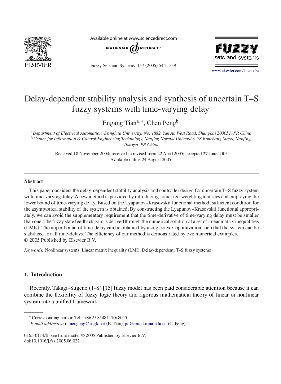 Delay-dependent stability analysis and synthesis of uncertain T–S fuzzy systems with time-varying delay