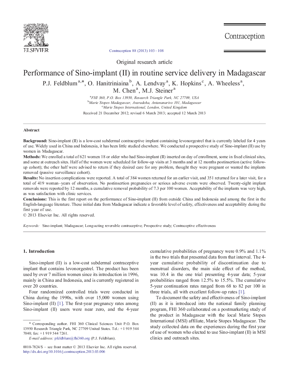 Performance of Sino-implant (II) in routine service delivery in Madagascar