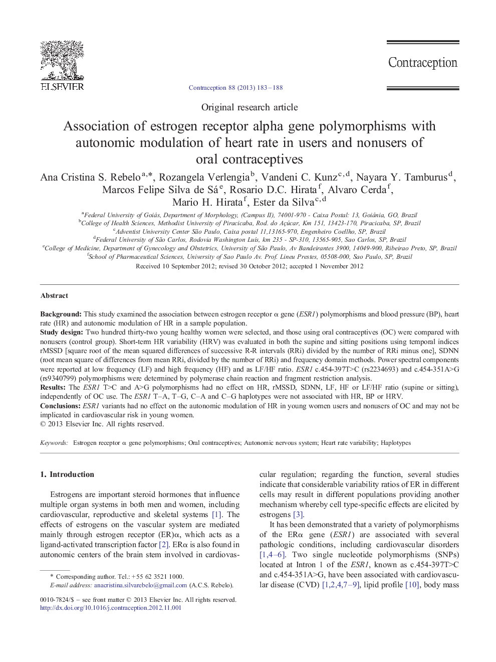 Association of estrogen receptor alpha gene polymorphisms with autonomic modulation of heart rate in users and nonusers of oral contraceptives