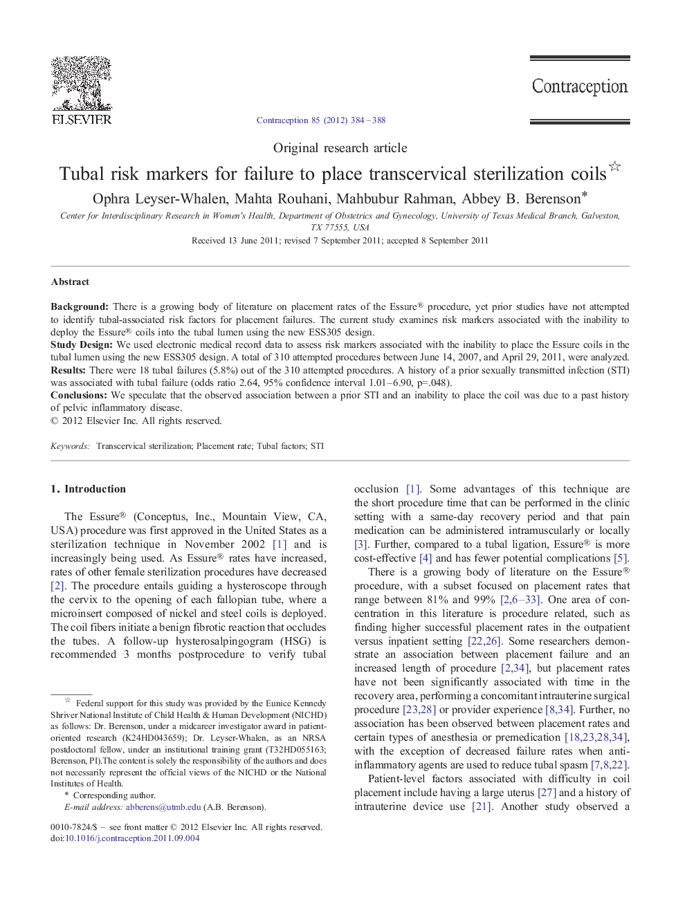 Tubal risk markers for failure to place transcervical sterilization coils 