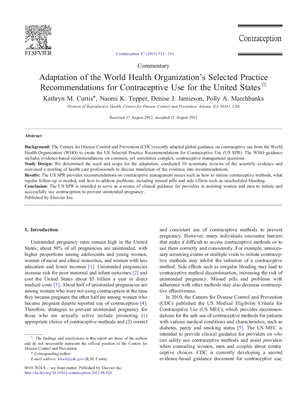 Adaptation of the World Health Organization's Selected Practice Recommendations for Contraceptive Use for the United States 