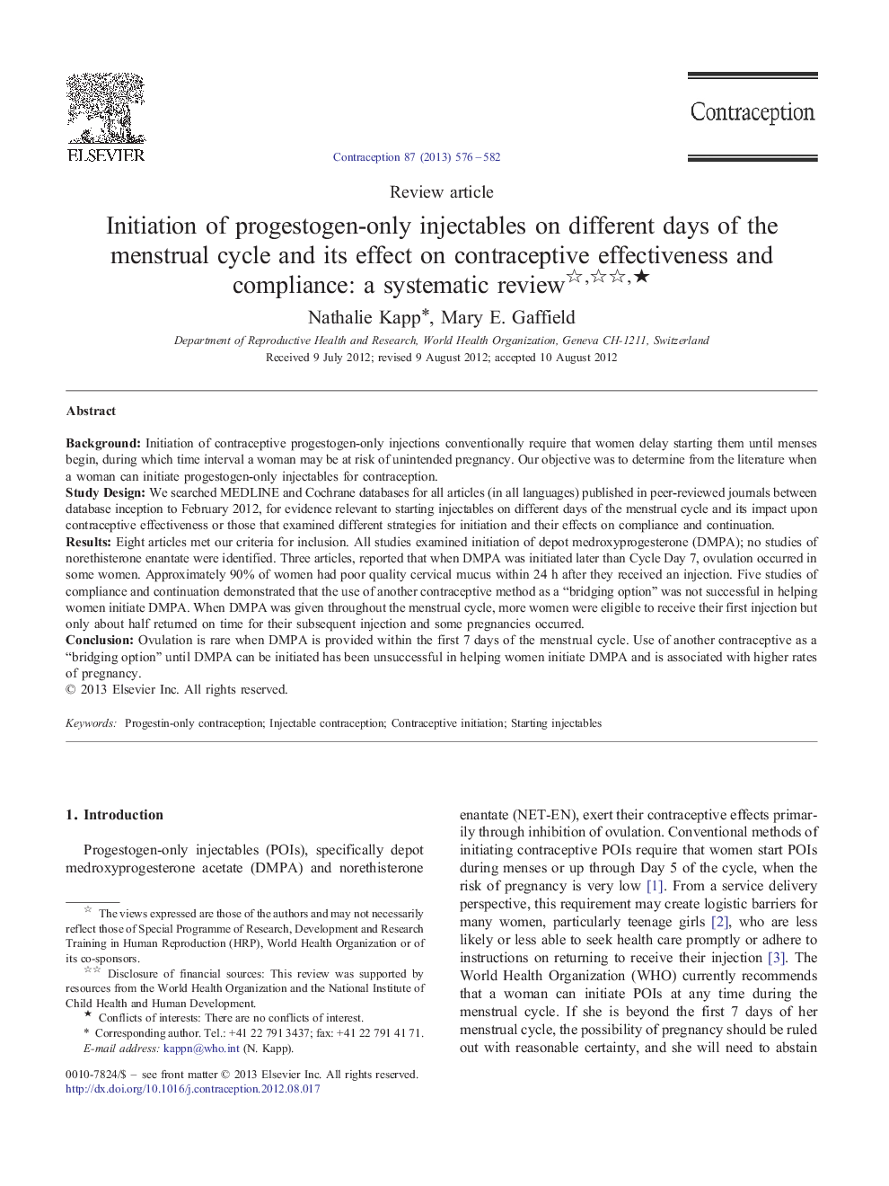 Initiation of progestogen-only injectables on different days of the menstrual cycle and its effect on contraceptive effectiveness and compliance: a systematic review ★