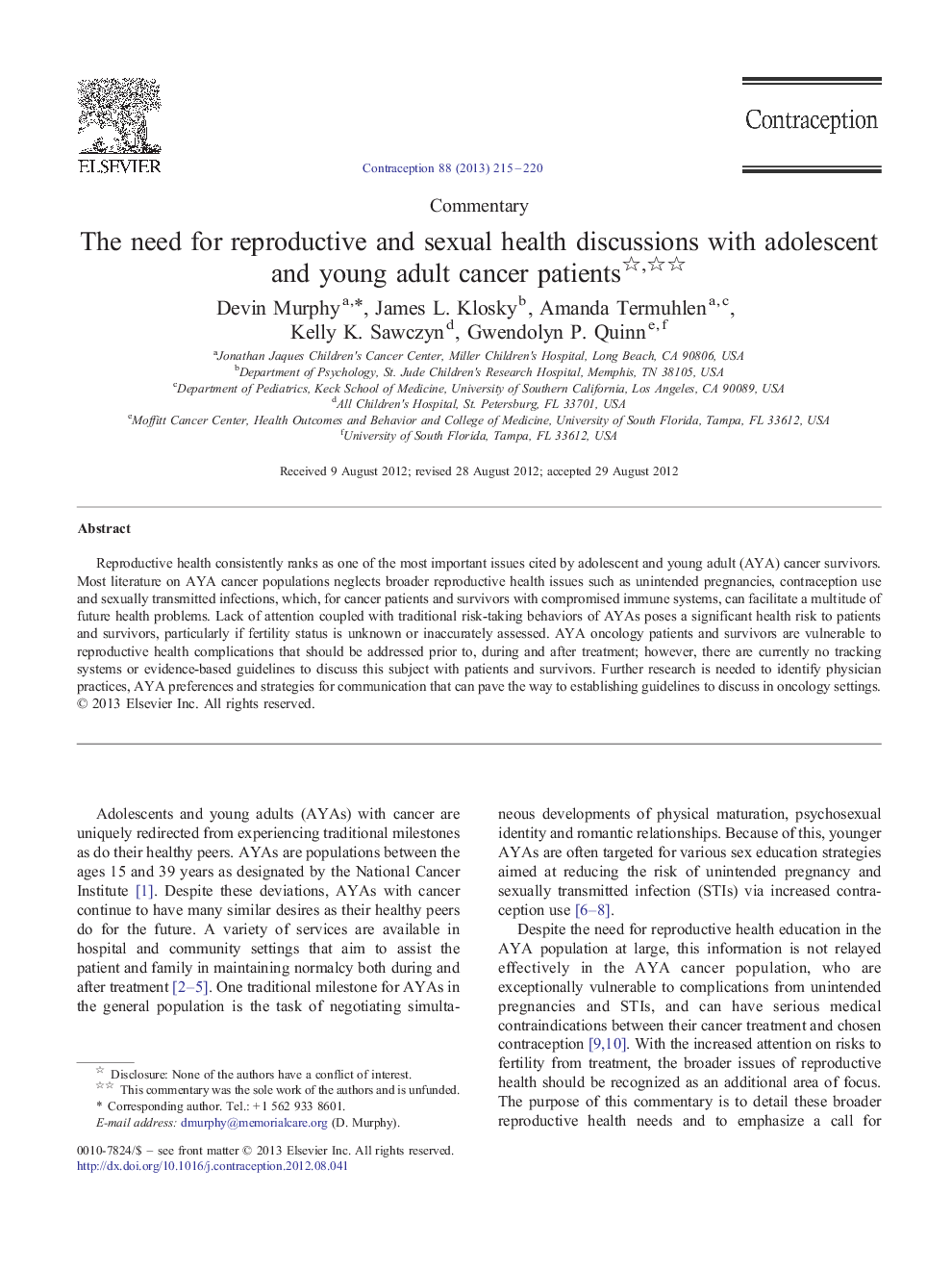 The need for reproductive and sexual health discussions with adolescent and young adult cancer patients 