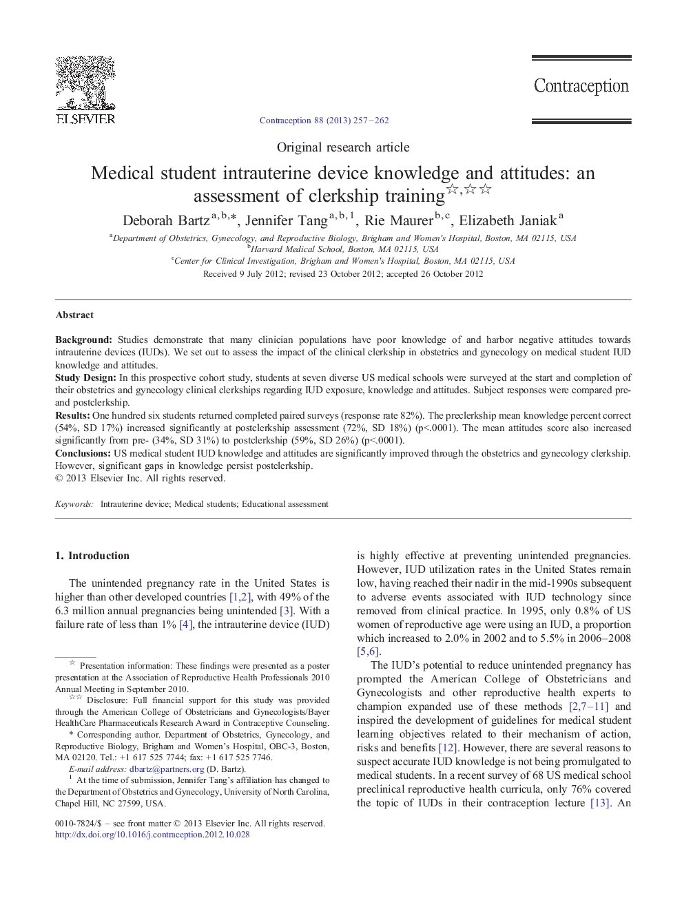 Medical student intrauterine device knowledge and attitudes: an assessment of clerkship training 