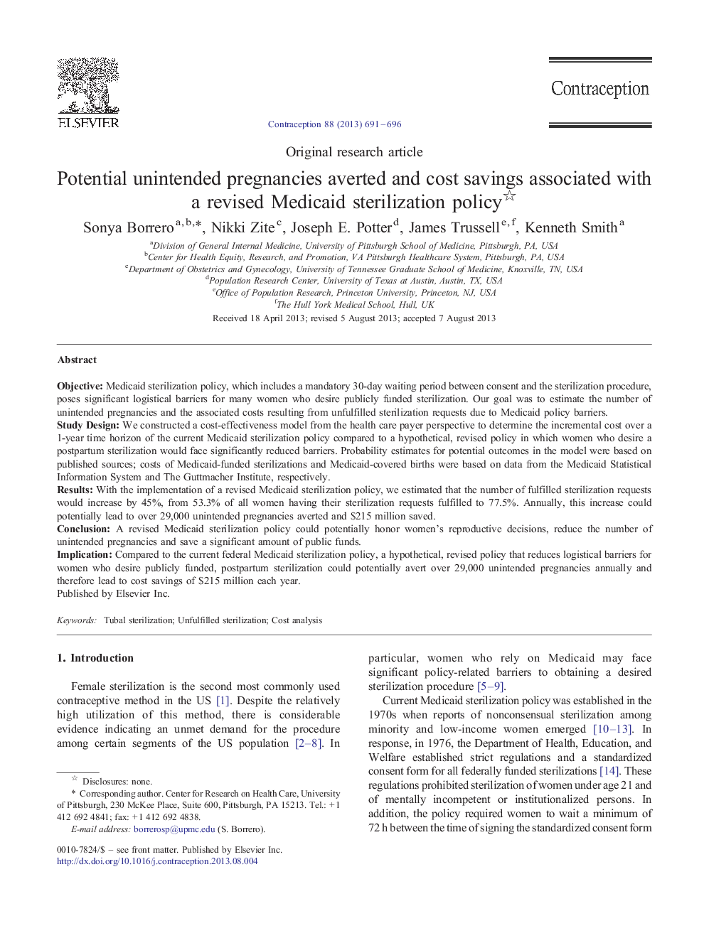 Potential unintended pregnancies averted and cost savings associated with a revised Medicaid sterilization policy 