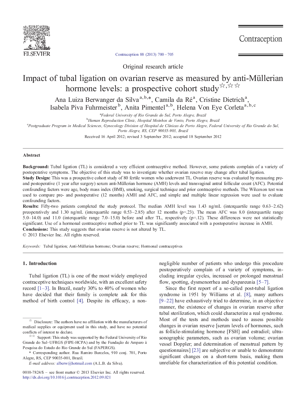 Impact of tubal ligation on ovarian reserve as measured by anti-Müllerian hormone levels: a prospective cohort study 