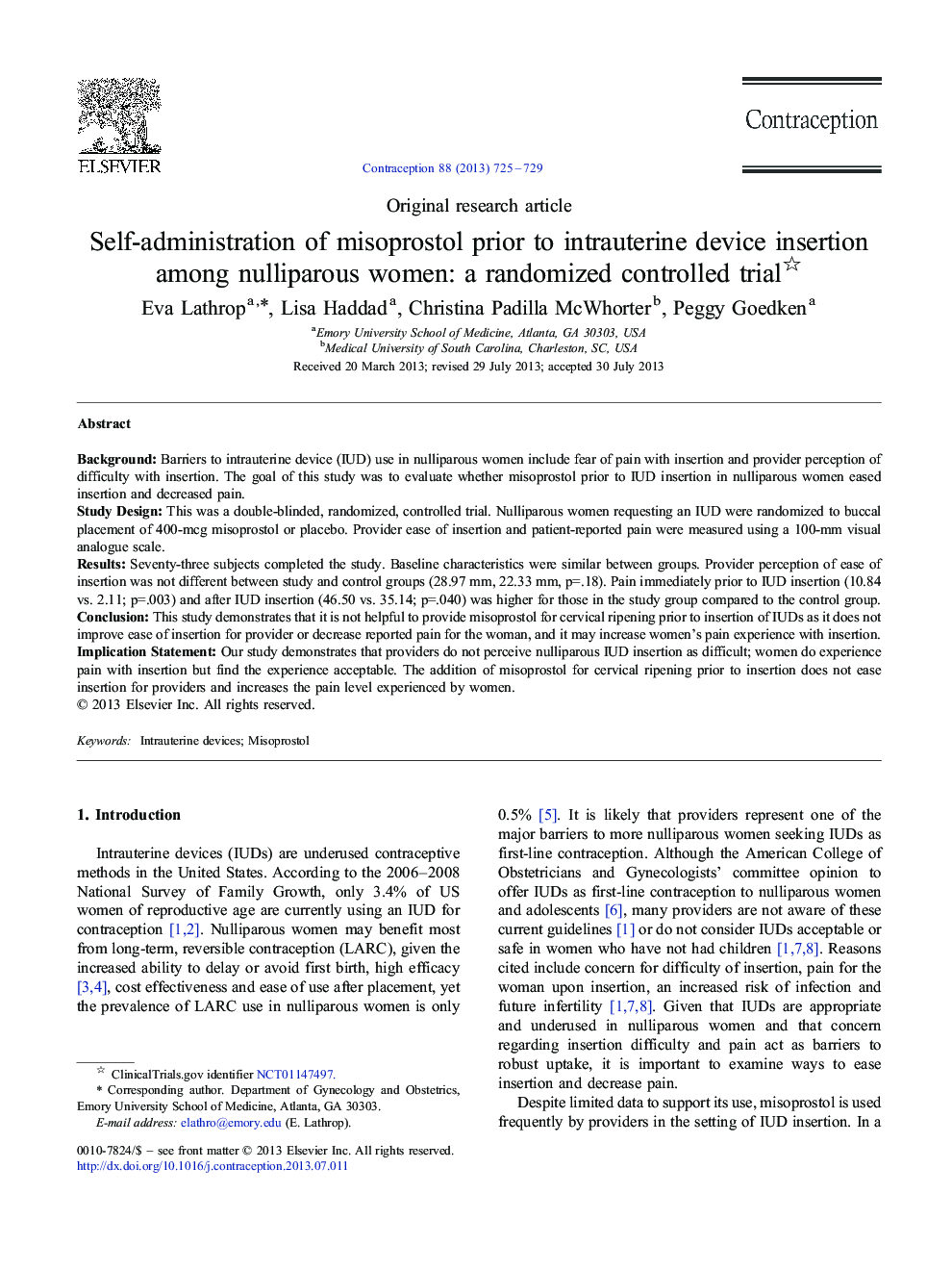 عکس صفحه اول مقاله: Self-administration of misoprostol prior to intrauterine device insertion among nulliparous women: a randomized controlled trial Self-administration of misoprostol prior to intrauterine device insertion among nulliparous women: a randomized controlled trial
