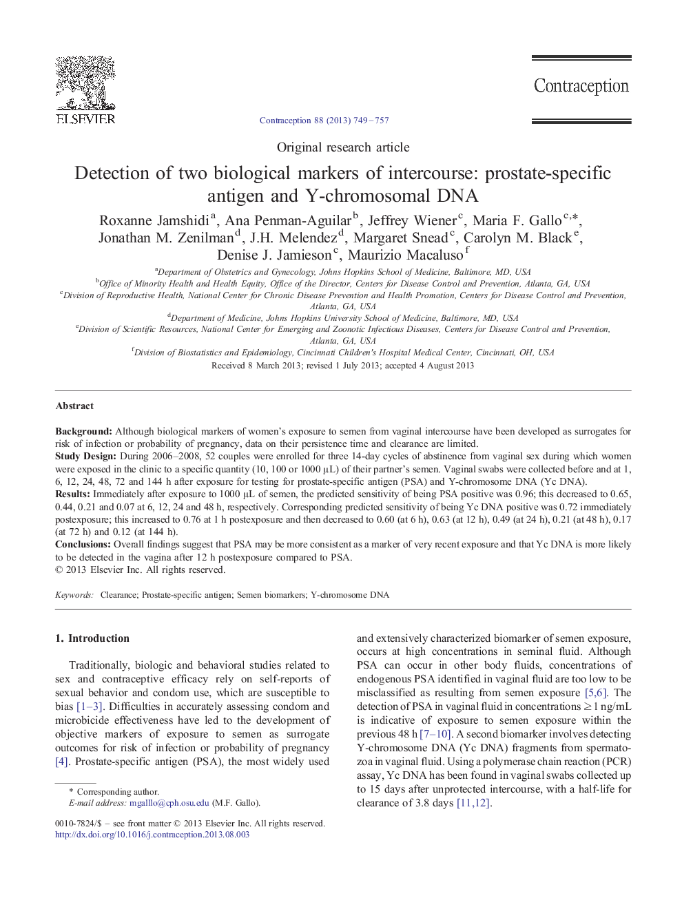 Detection of two biological markers of intercourse: prostate-specific antigen and Y-chromosomal DNA