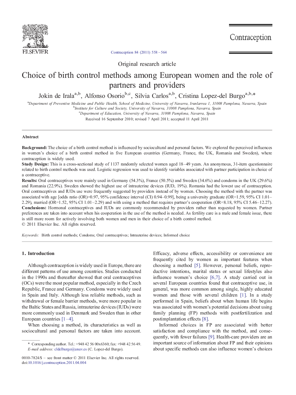 Choice of birth control methods among European women and the role of partners and providers