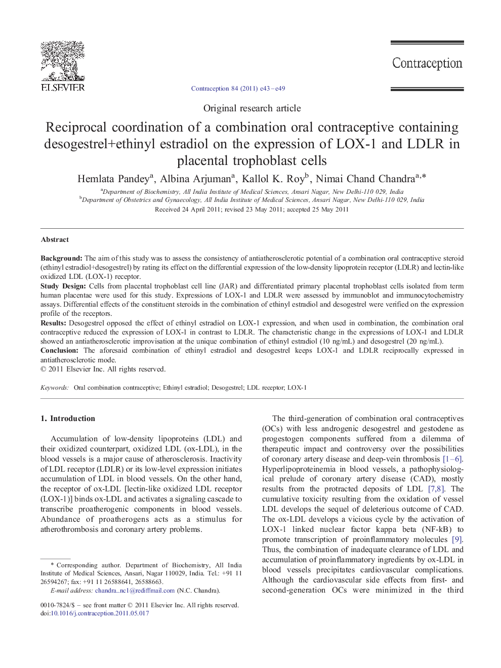 Reciprocal coordination of a combination oral contraceptive containing desogestrel+ethinyl estradiol on the expression of LOX-1 and LDLR in placental trophoblast cells