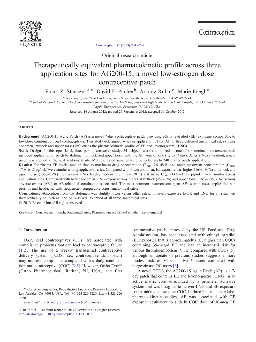 Therapeutically equivalent pharmacokinetic profile across three application sites for AG200-15, a novel low-estrogen dose contraceptive patch