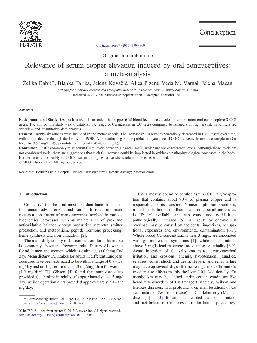 Relevance of serum copper elevation induced by oral contraceptives: a meta-analysis