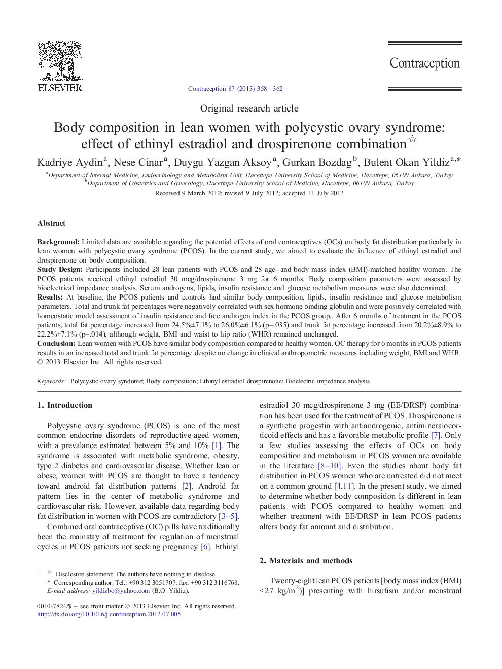 Body composition in lean women with polycystic ovary syndrome: effect of ethinyl estradiol and drospirenone combination 