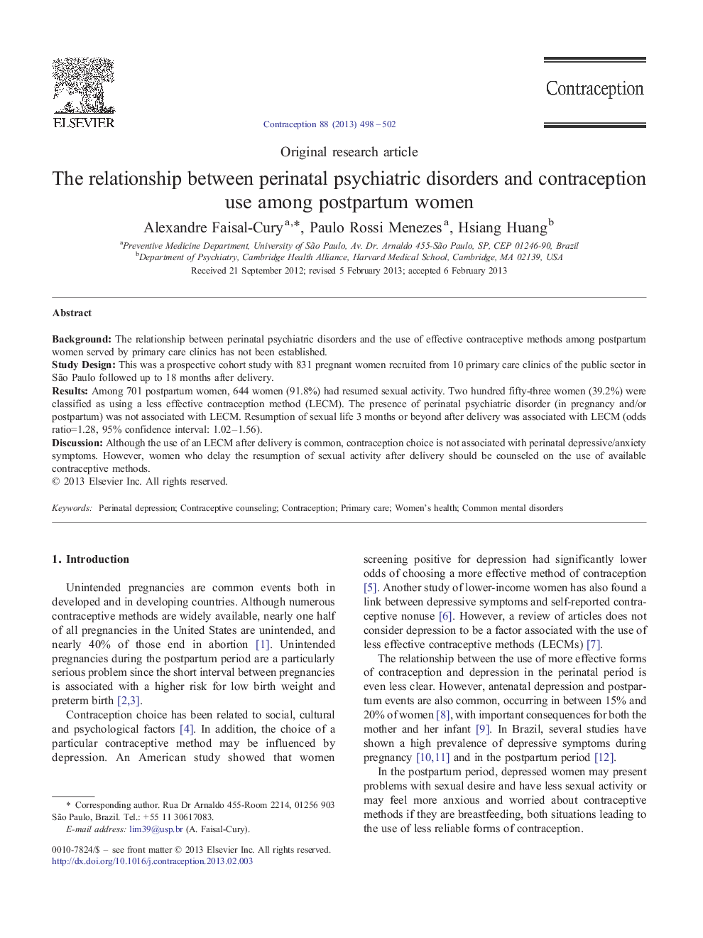 The relationship between perinatal psychiatric disorders and contraception use among postpartum women