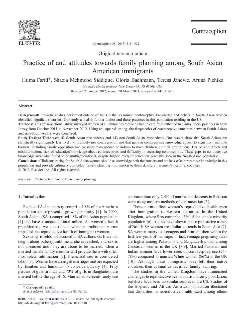 Practice of and attitudes towards family planning among South Asian American immigrants