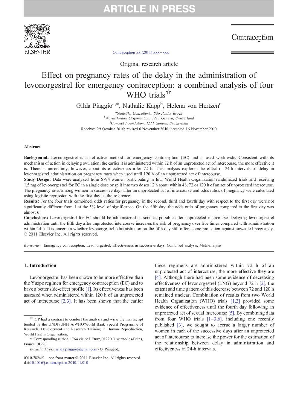 Effect on pregnancy rates of the delay in the administration of levonorgestrel for emergency contraception: a combined analysis of four WHO trials 