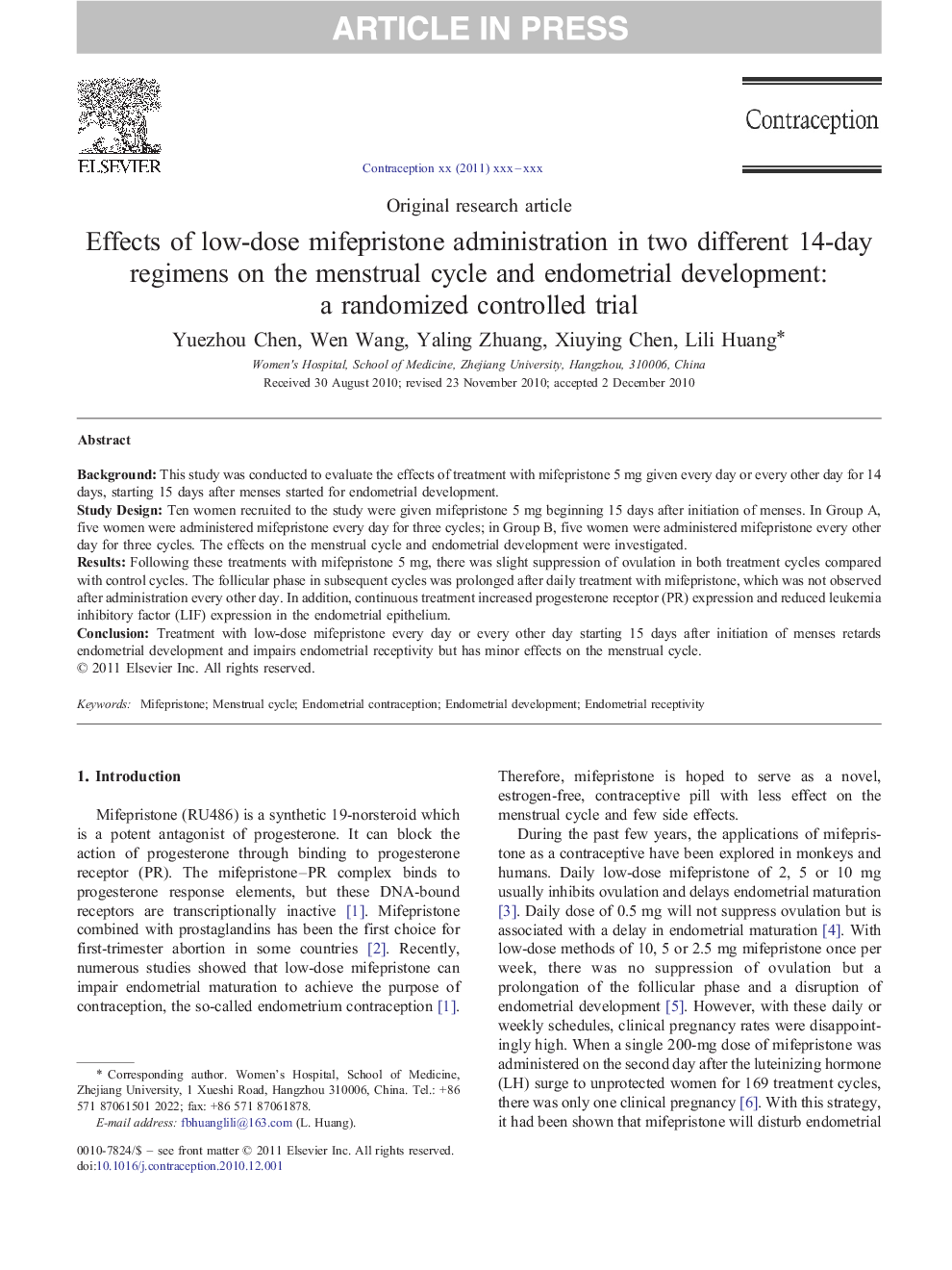 Effects of low-dose mifepristone administration in two different 14-day regimens on the menstrual cycle and endometrial development:a randomized controlled trial