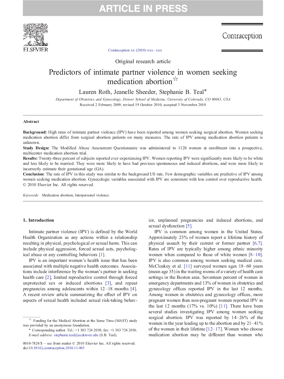 Predictors of intimate partner violence in women seeking medication abortion 