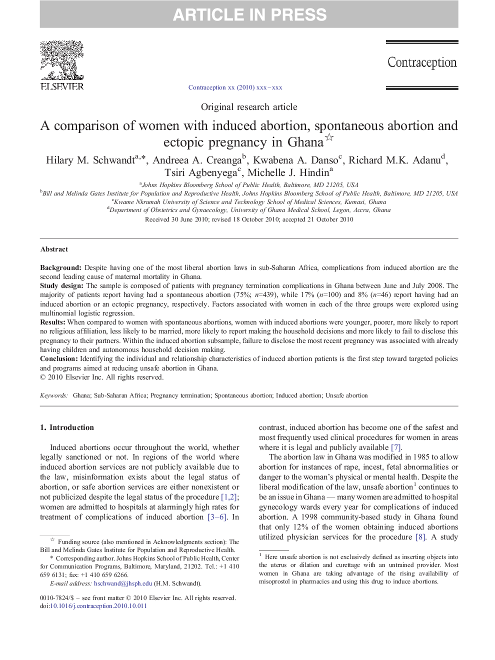 A comparison of women with induced abortion, spontaneous abortion and ectopic pregnancy in Ghana 