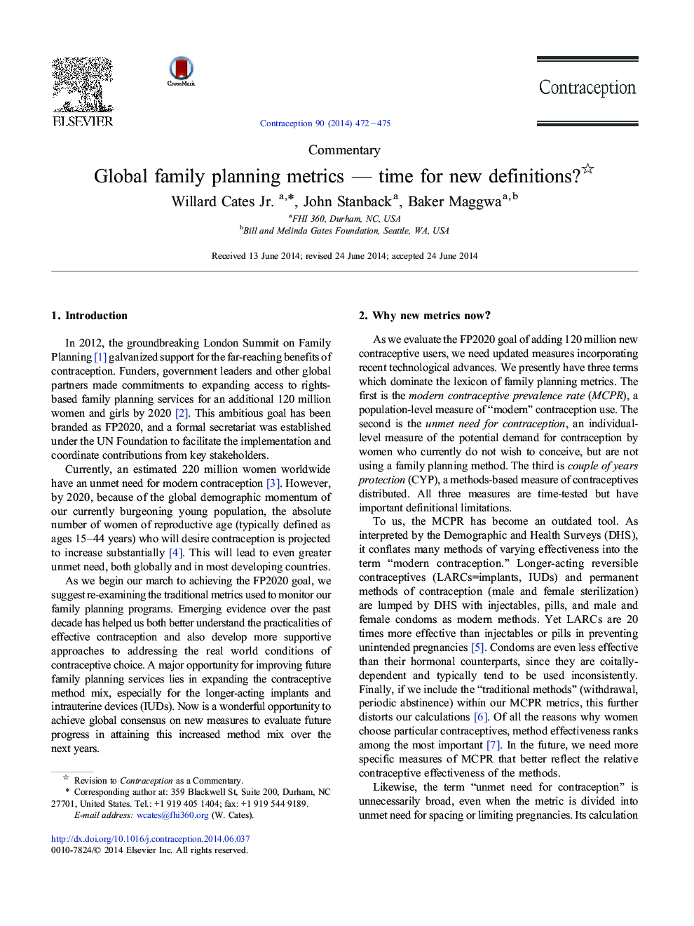 Global family planning metrics - time for new definitions?