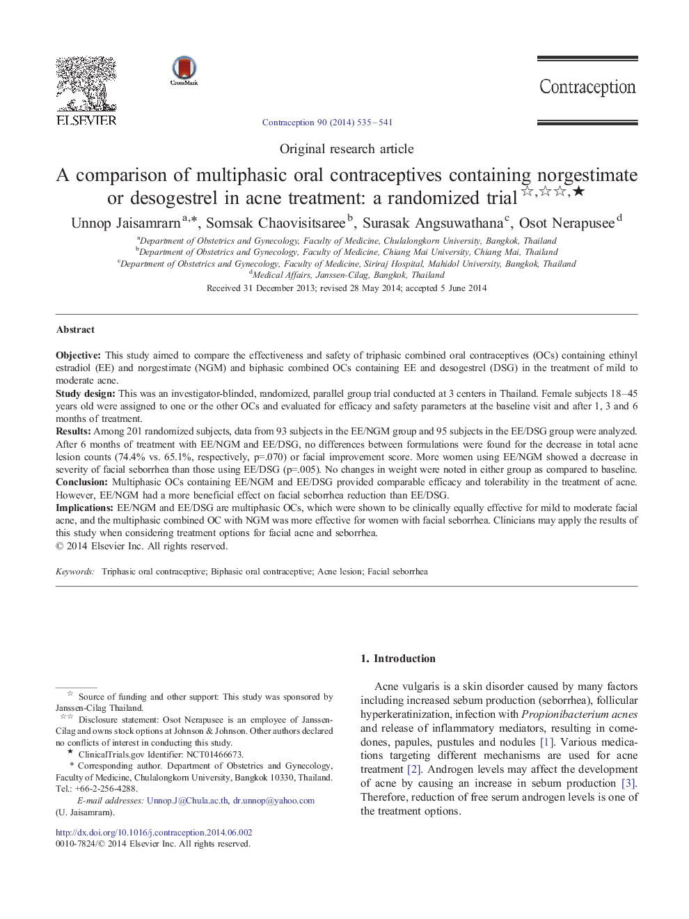 A comparison of multiphasic oral contraceptives containing norgestimate or desogestrel in acne treatment: a randomized trial ★